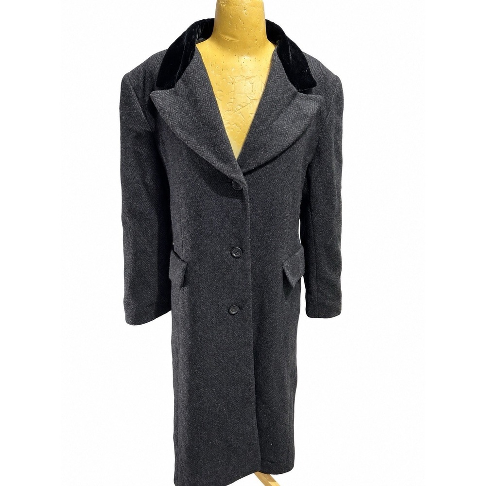 Vintage Andrea Marin Womens Coat 16 Wool Blend Herringbone Velvet Collar Black